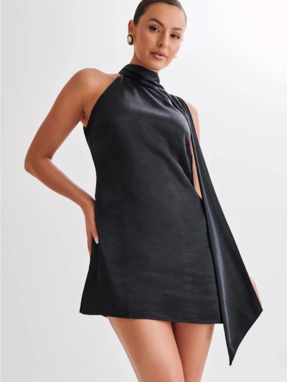 Meshki aubriella halter mini dress Women’s Large Satin Black Neck Tie B2